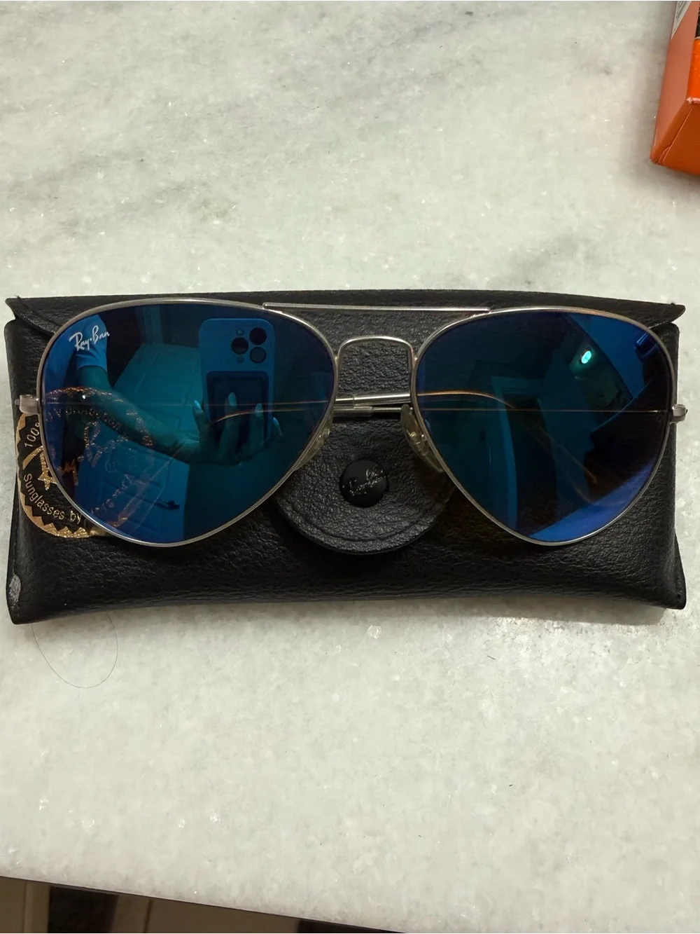 Ray-Ban Gold Frame Sunglasses with Blue Mirrored Lenses